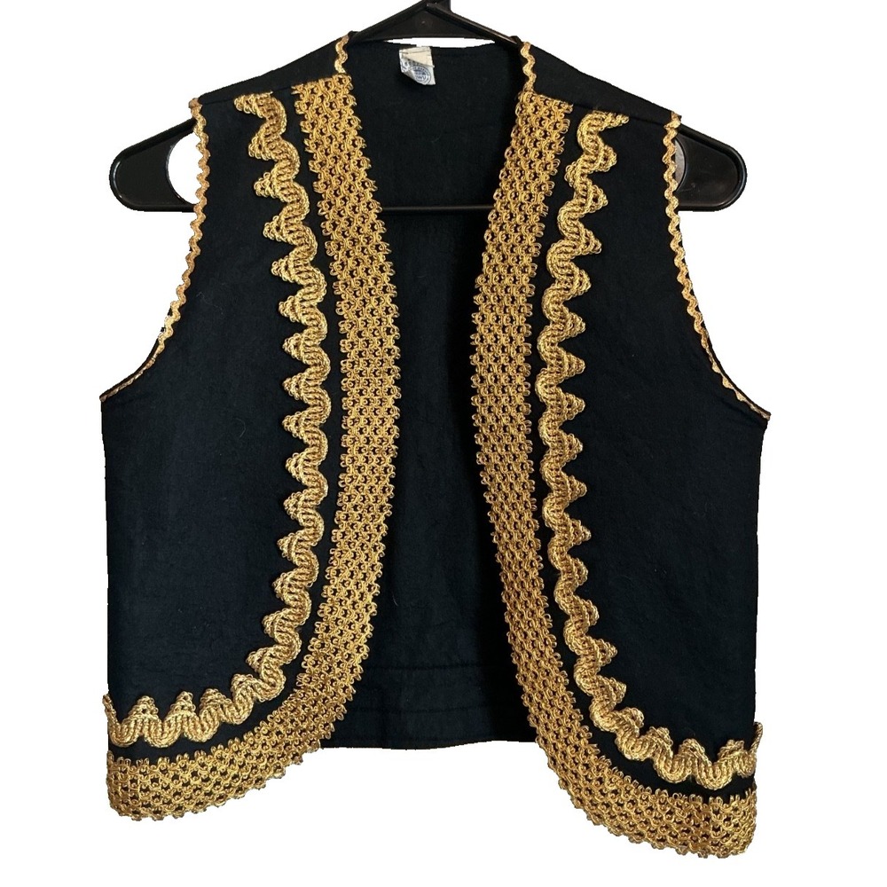 Vintage Union Made In USA Black Wool Felt Open Vest Gold Trim Costume Cosplay S